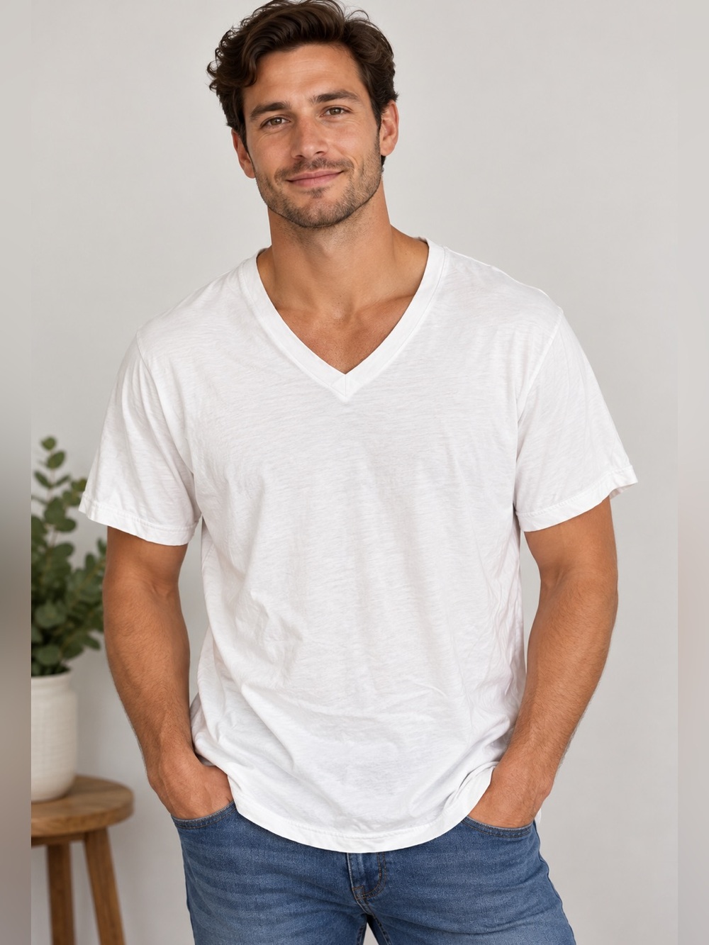 Stafford Men’s White V-Neck 100% Cotton T-Shirt Size XL